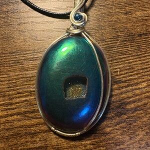 Iridescent Titanium Druzy Green Blue Purple Oval Pendant Necklace - Black cord